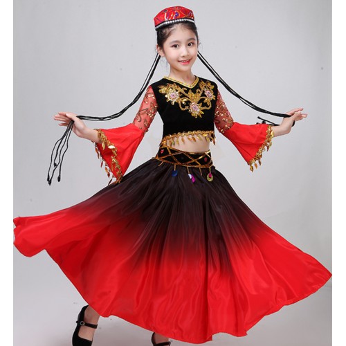 Children Chinese folk Xinjiang dance costumes for girls hui ethnic minority Kazakh Uyghur dance dresses for children